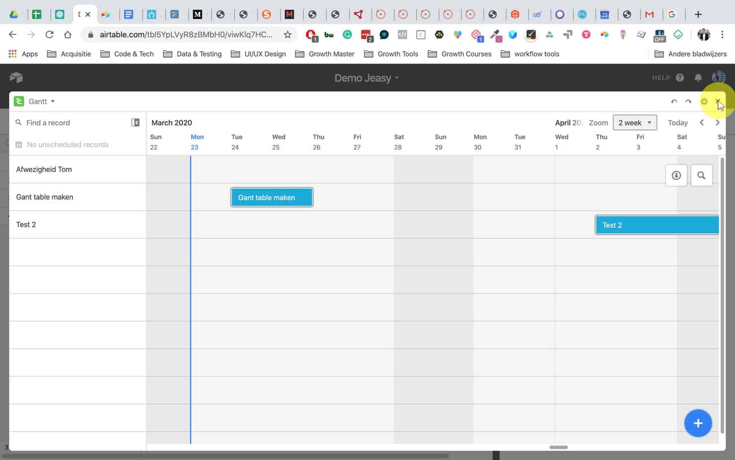 Afsluiten Gantt table Klik op het kruisje om je gantt table af te sluiten. De table bestaat nog wel, maar is verborgen tussen de blocks op je dashboard. Klik op de ganttable om hem weer tevoorschijn te halen.