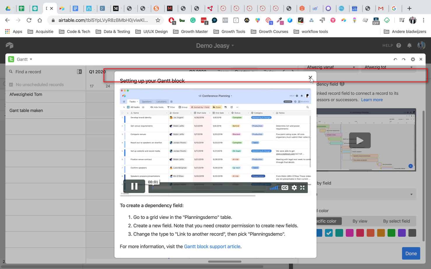 Uitleg bekijken
 Rechtsonder in het scherm zie je een uitleg vanuit airtable, met alle tips & tricks voor het maken van een gantt table.